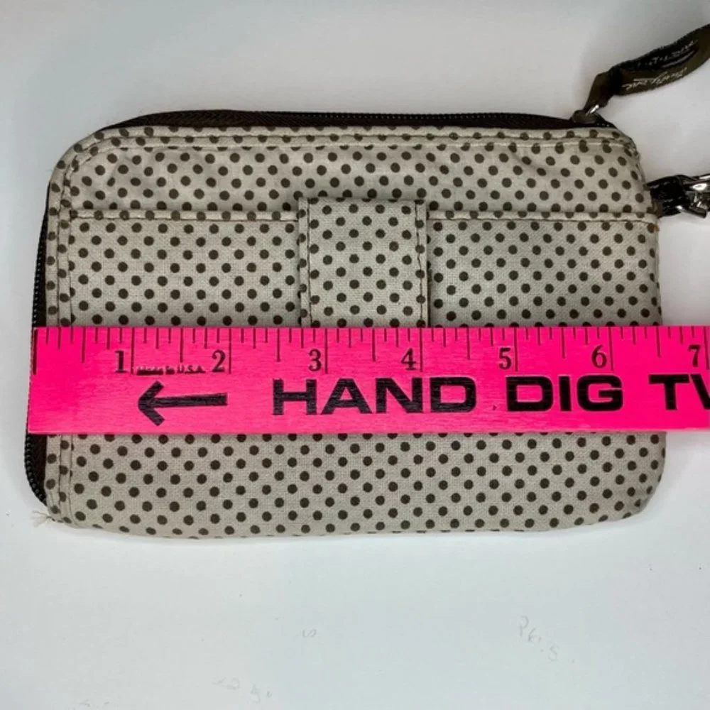 Thirty-One Slim Soft Brown and Cream Polka Dot Wristlet
